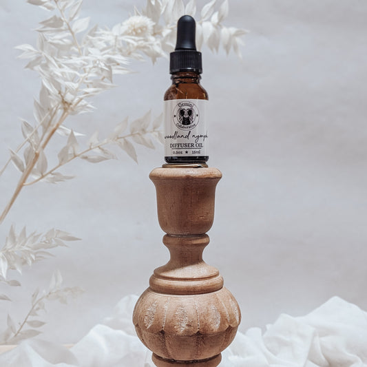 Photo of diffuser oil in half ounce glass bottle with glass pipette ion a wood pedestal with florals in the background